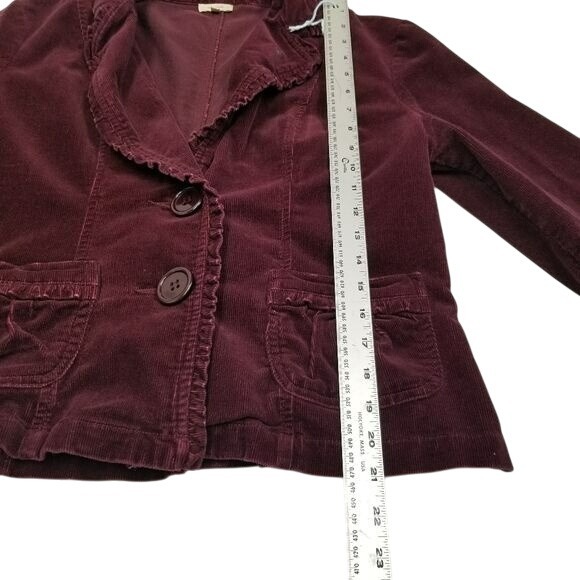 SASHIMI Women's Corduroy Blazer Jacket L Burgundy Ruffle Trimmed Pockets Y2K - Picture 8 of 10